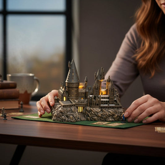 Mellow Monkey miniature light-up Hogwarts Castle replica on a desk with a sticker booklet for Harry Potter fans