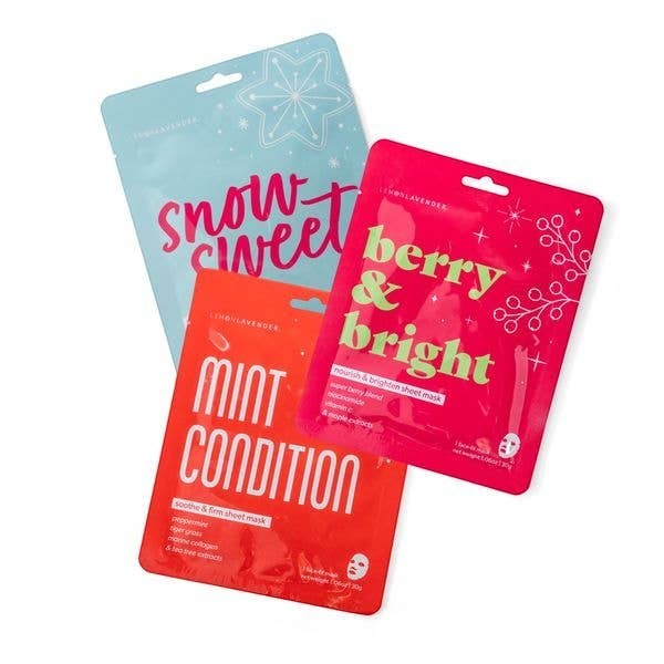 Mellow Monkey holiday face masks in blue, red, and pink festive packaging with nourishing skincare formulas