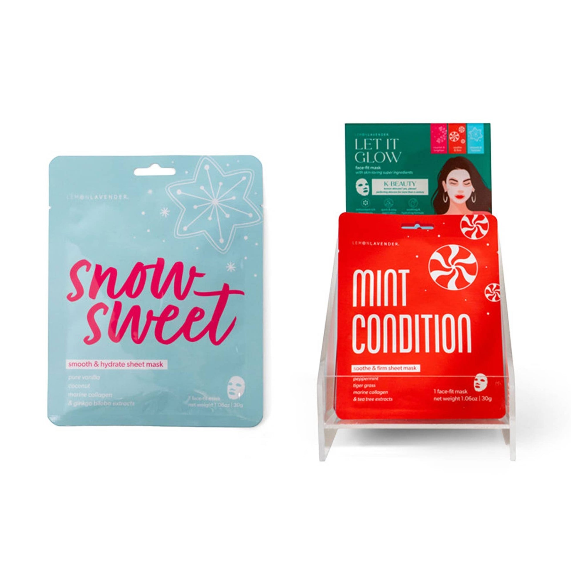 Mellow Monkey holiday-themed Lemon Lavender sheet masks in blue and red festive packaging for skincare self-care.