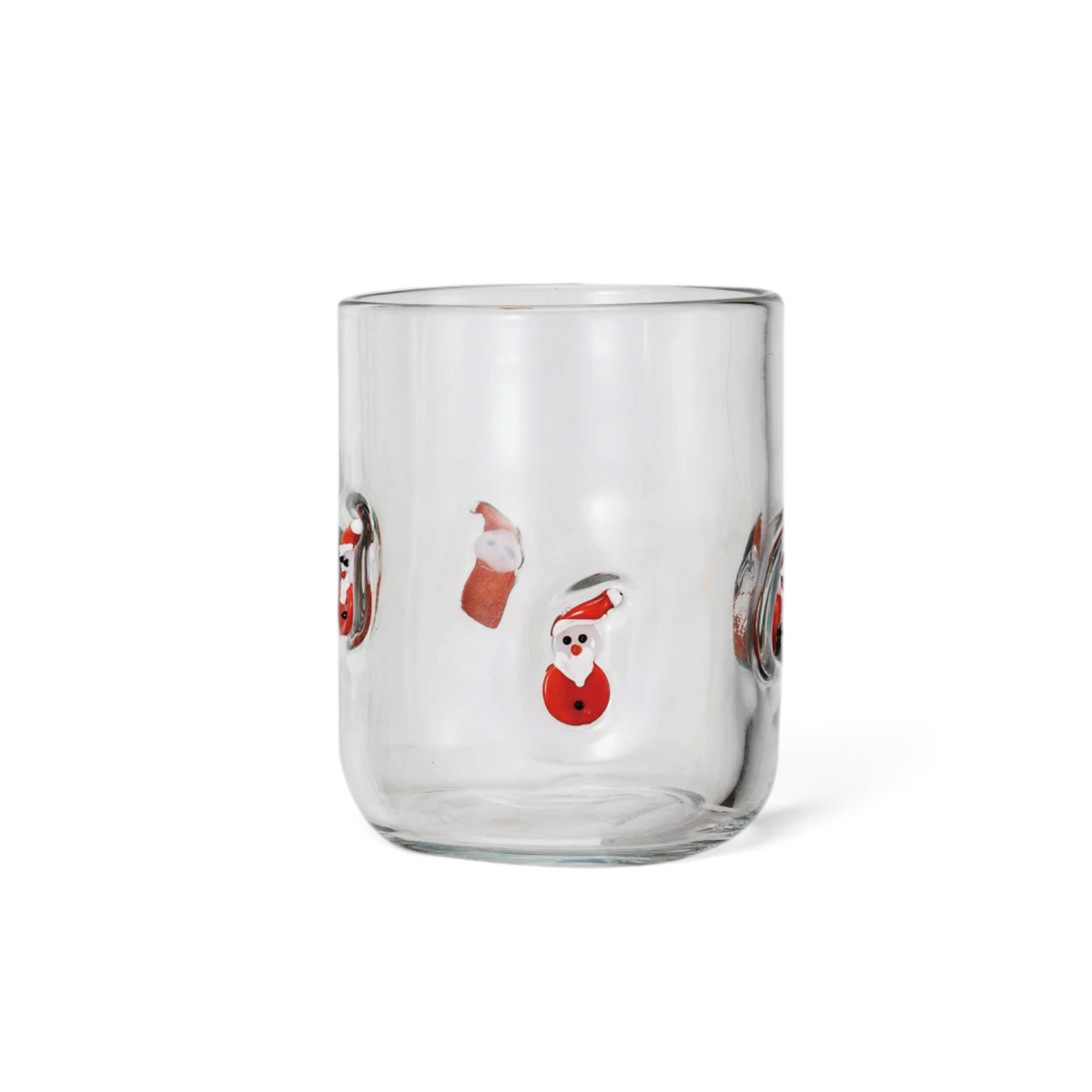 Mellow Monkey 16 oz clear glass featuring embedded colorful Santa and holiday icon patterns