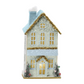 Mellow Monkey Holiday Lane hand-made light up house with snowy blue roof, gold trim, and miniature Christmas trees.