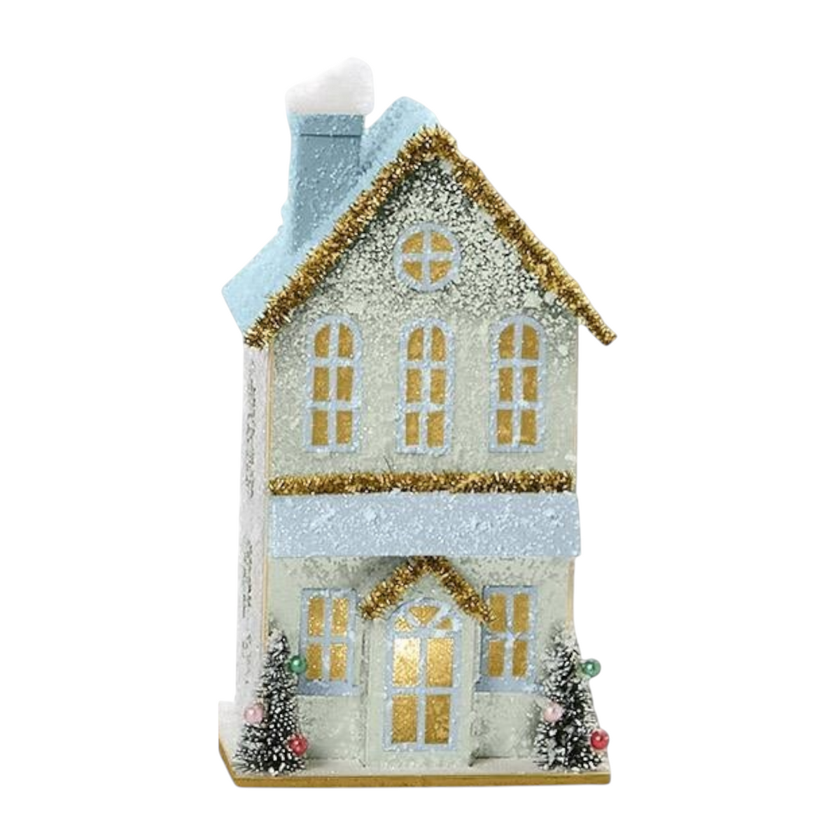 Mellow Monkey Holiday Lane hand-made light up house with snowy blue roof, gold trim, and miniature Christmas trees.
