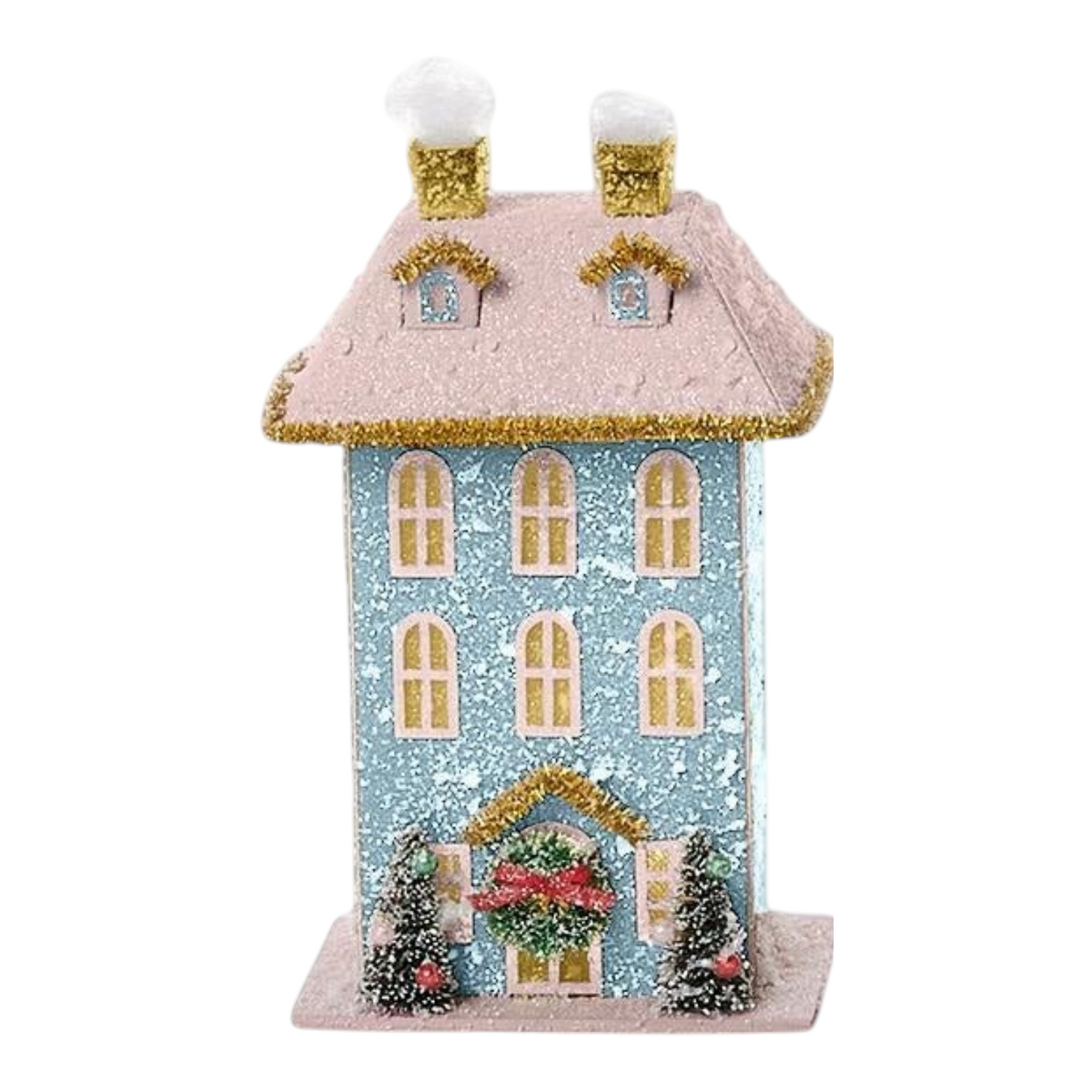 Mellow Monkey Holiday Lane hand-made light up house with pink roof, blue walls, glitter accents, and festive wreath.