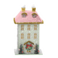 Mellow Monkey Holiday Lane handcrafted light-up miniature houses in four pastel styles with snowy glitter accents
