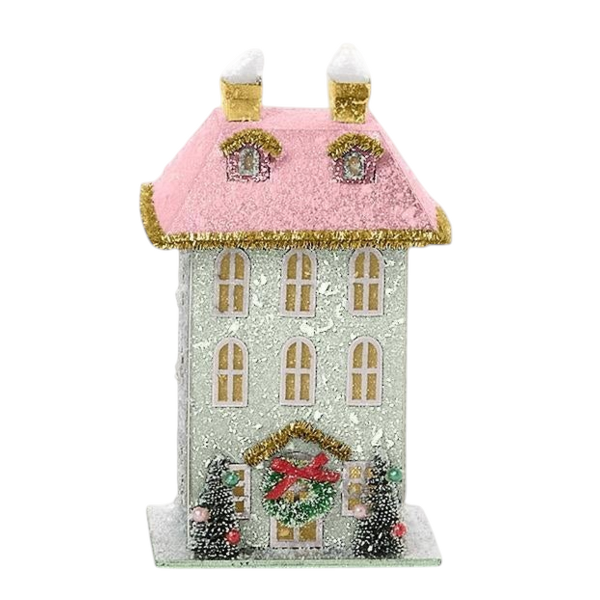 Mellow Monkey Holiday Lane handcrafted light-up miniature houses in four pastel styles with snowy glitter accents