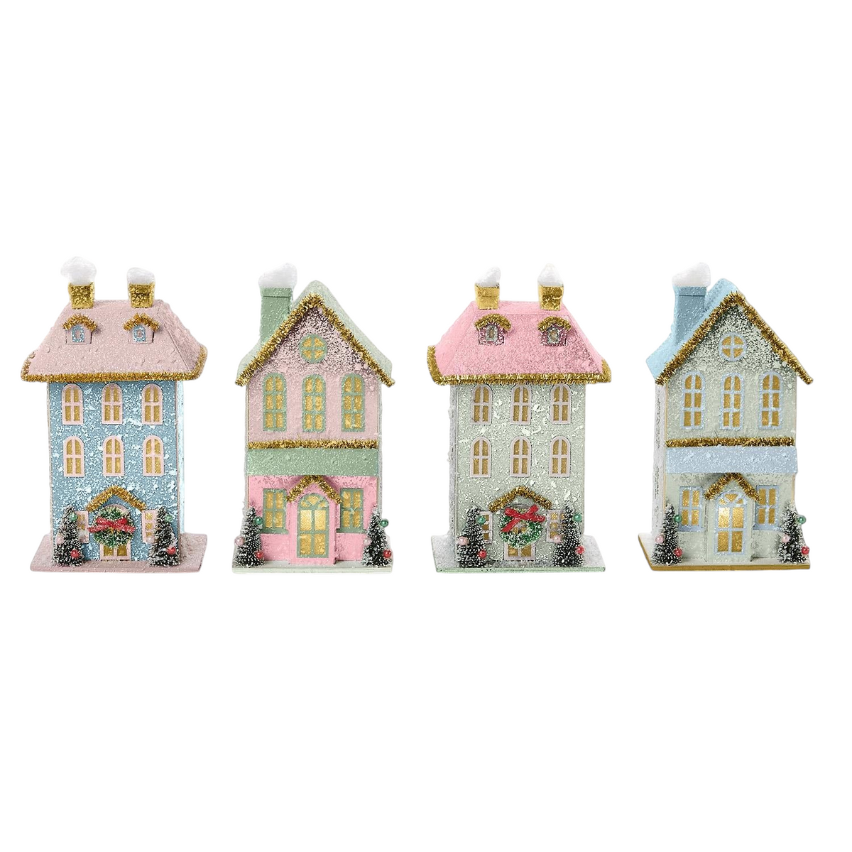Mellow Monkey set of four handcrafted light-up holiday houses with pastel colors, glittery snow, and warm LED glow.
