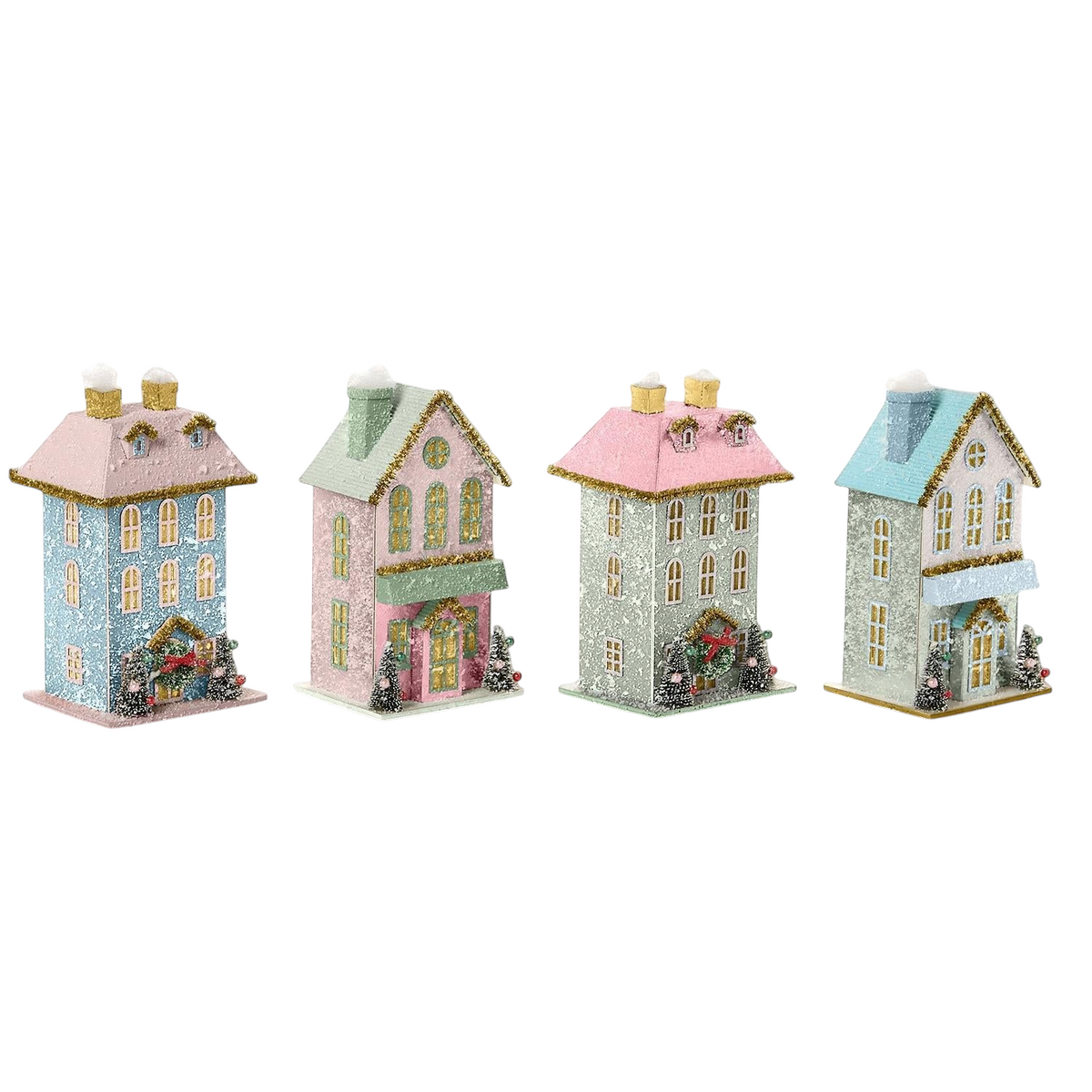 Mellow Monkey Holiday Lane handcrafted light-up miniature houses in four pastel glittery styles with LED illumination.