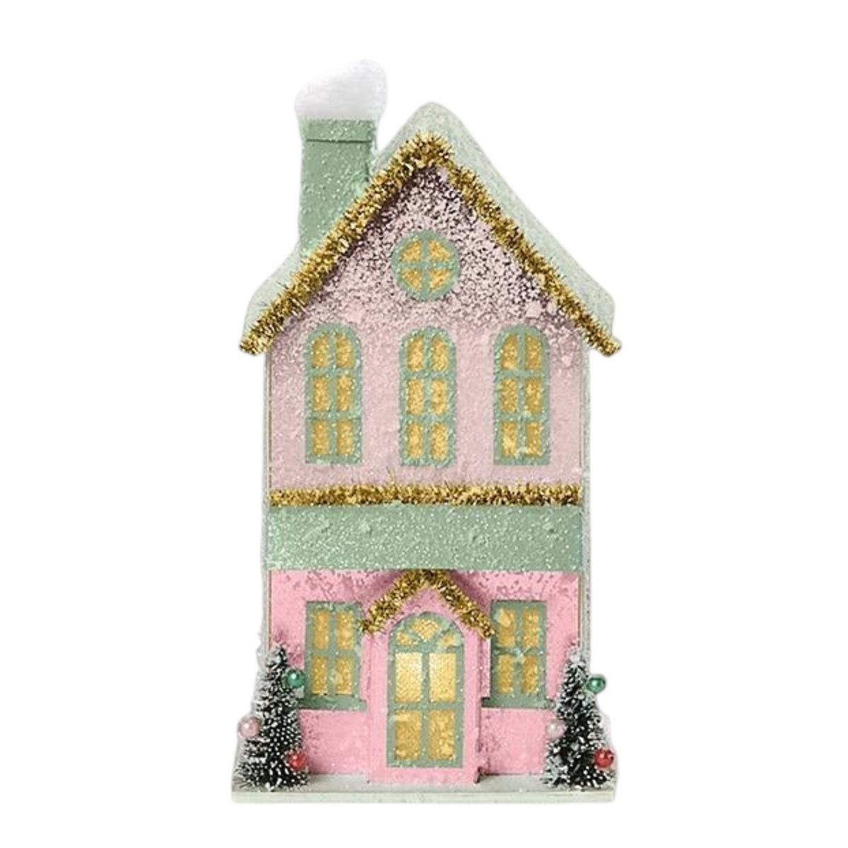 Mellow Monkey set of four handcrafted light-up holiday houses with pastel colors, glittery snow, and warm LED glow.