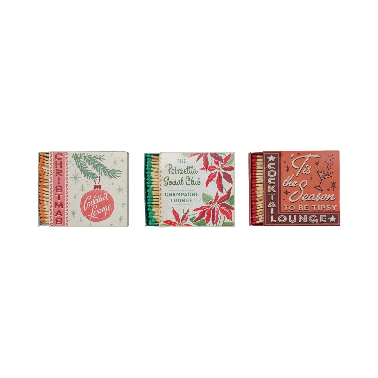 Mellow Monkey set of three decorative holiday matchboxes with retro typography and festive illustrations