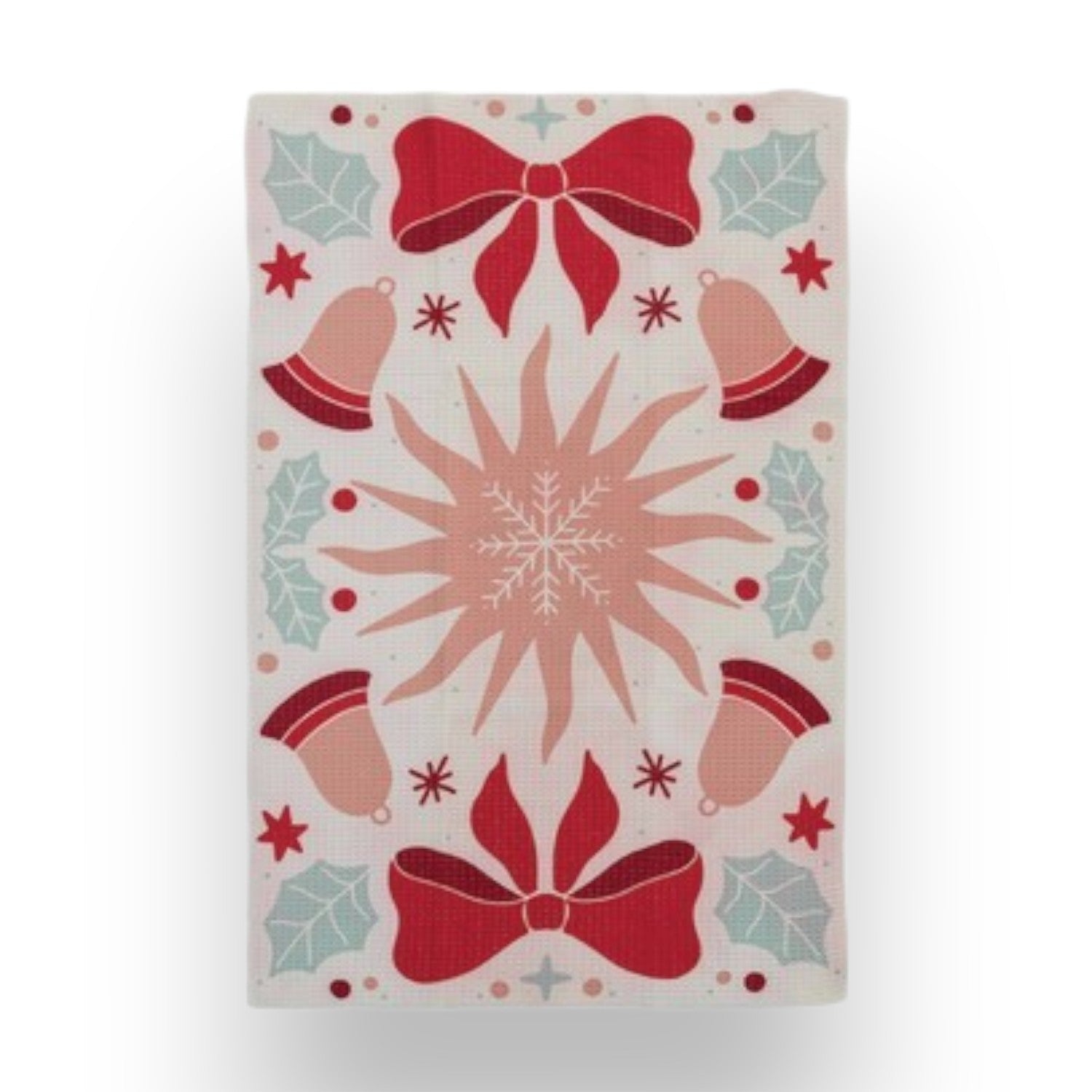 Mellow Monkey recycled microfibre tea towel featuring a festive holiday pattern with red bows, bells, and holly.