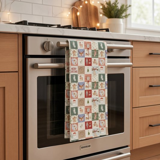 Mellow Monkey holiday patchwork waffle dish towel with festive Christmas prints hanging on a stainless steel oven.