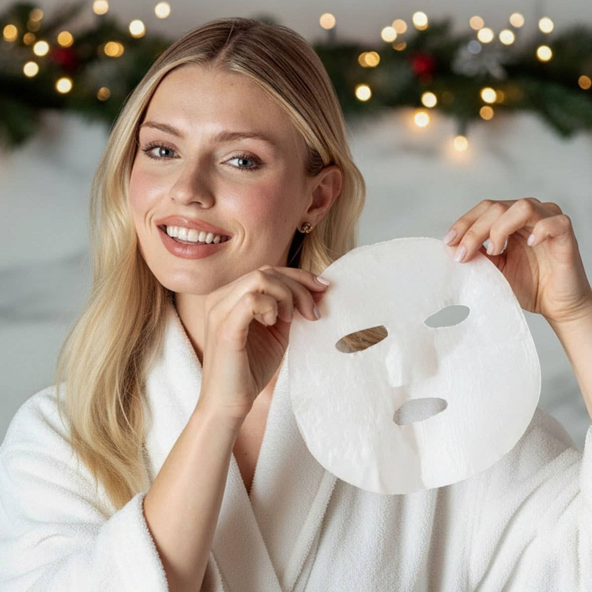 Mellow Monkey woman in a white robe holding a single-use sheet mask for holiday skincare