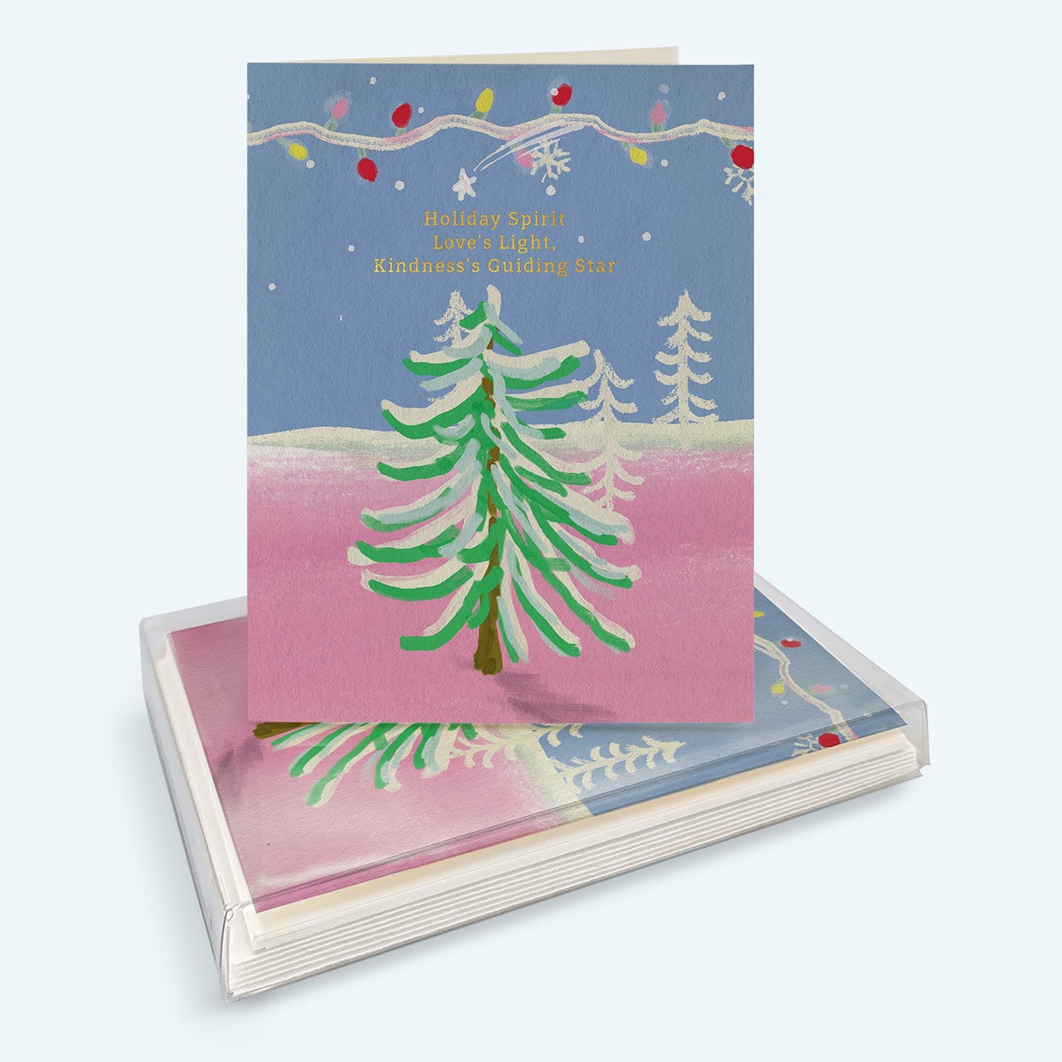 Mellow Monkey Holiday Spirit Tree greeting cards featuring a painted Christmas tree and festive string lights.