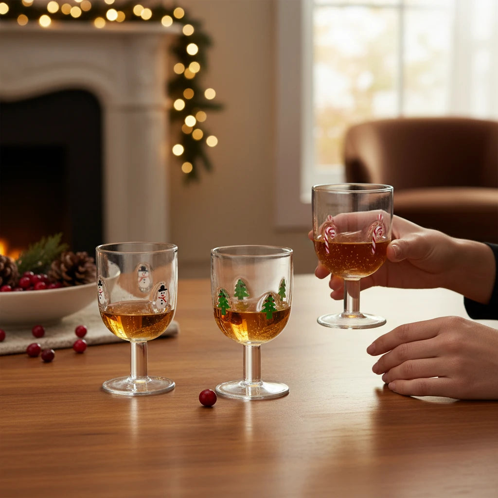 Mellow Monkey 10-oz stemmed wine glasses with hand-painted snowman, Christmas tree, and candy cane holiday icons.