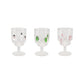 Mellow Monkey set of three 10-oz clear stemmed wine glasses featuring hand-painted snowman, tree, and candy cane icons.
