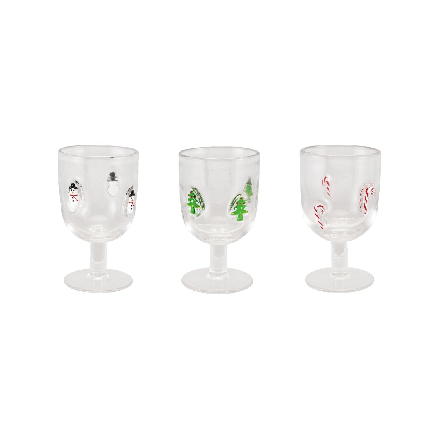 Mellow Monkey set of three 10-oz clear stemmed wine glasses featuring hand-painted snowman, tree, and candy cane icons.
