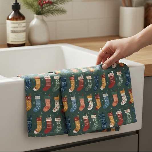 Mellow Monkey holiday stocking print waffle dish towel draped over a white farmhouse kitchen sink