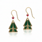 Mellow Monkey holiday tree earrings with green enamel, gold-tone metal, and red crystal accents on surgical steel.
