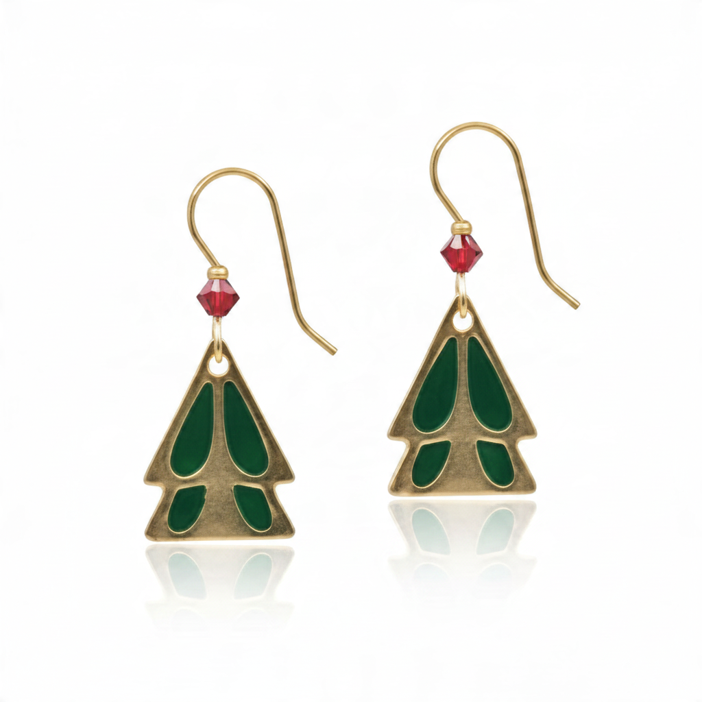 Mellow Monkey holiday tree earrings with green enamel, gold-tone metal, and red crystal accents on surgical steel.