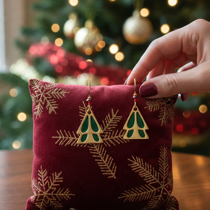 Mellow Monkey Silver Forest Stately holiday tree earrings with green enamel on a red velvet snowflake pillow.