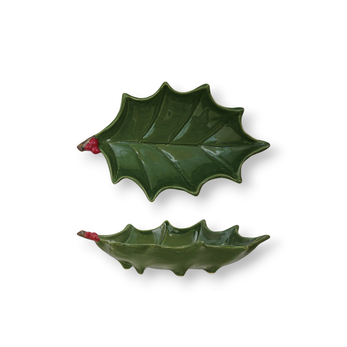 Mellow Monkey hand-painted dolomite holly leaf tray in green with red berries, shown from top and side views.