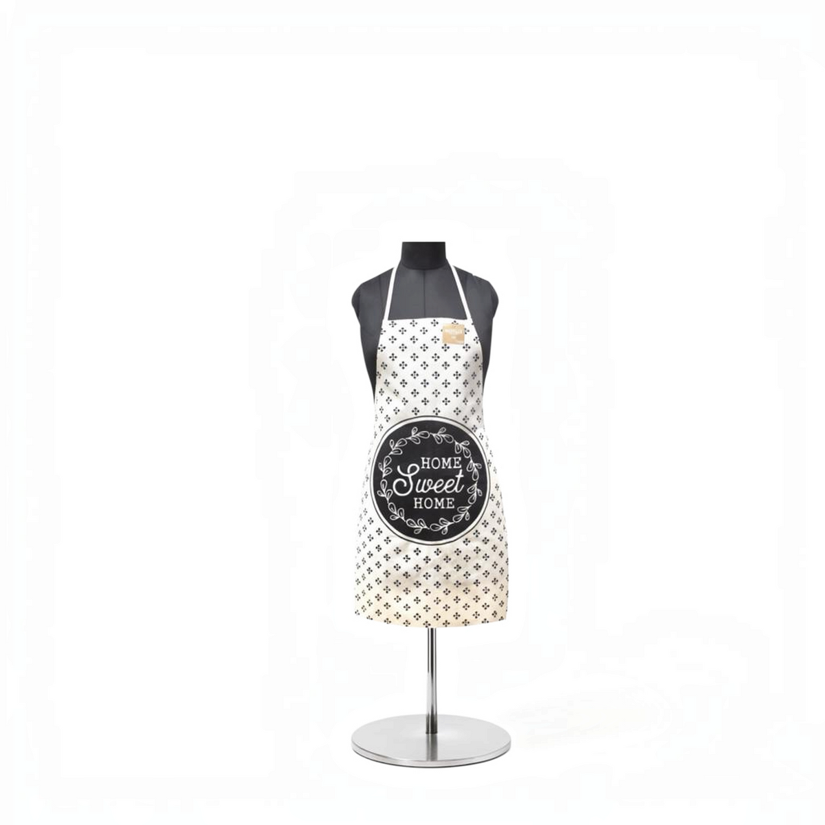 Mellow Monkey khaki cotton apron featuring a Home Sweet Home vintage print and a black and white floral pattern.