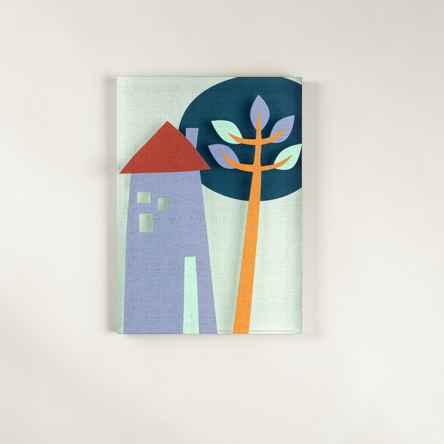 Mellow Monkey Home Together Tile Acrylic Wall Art, 5x7-in, featuring a purple house with a red roof and a stylized orange tree against a teal circle.