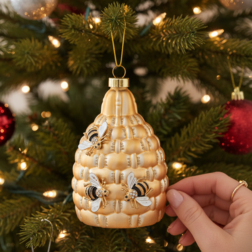 Mellow Monkey golden glass honey bee hive Christmas ornament with crystal-embellished bees hanging on a tree