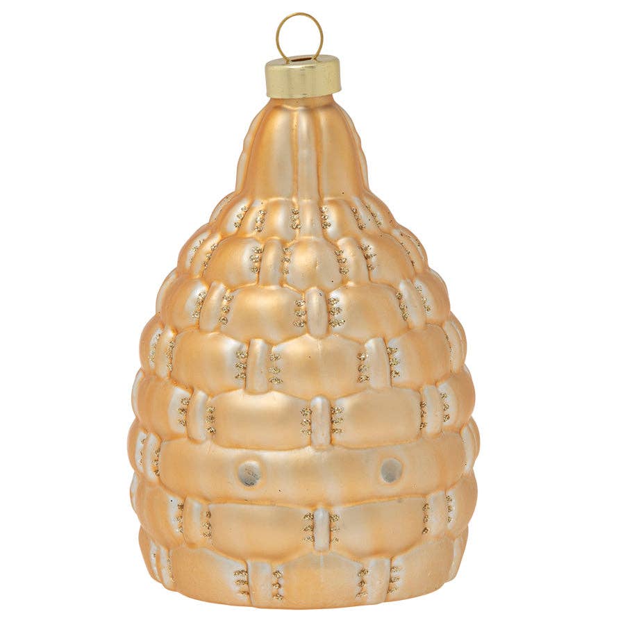 Mellow Monkey golden glass honey bee hive Christmas ornament with woven texture and sparkling crystal bee details