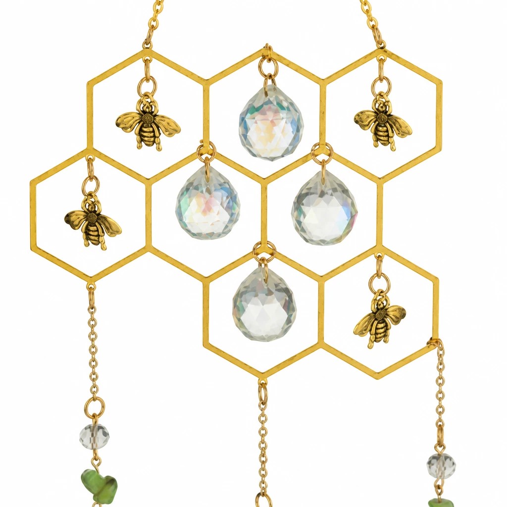 Mellow Monkey honeycomb suncatcher with gold bee charms and hanging iridescent crystals for rainbow light refraction.