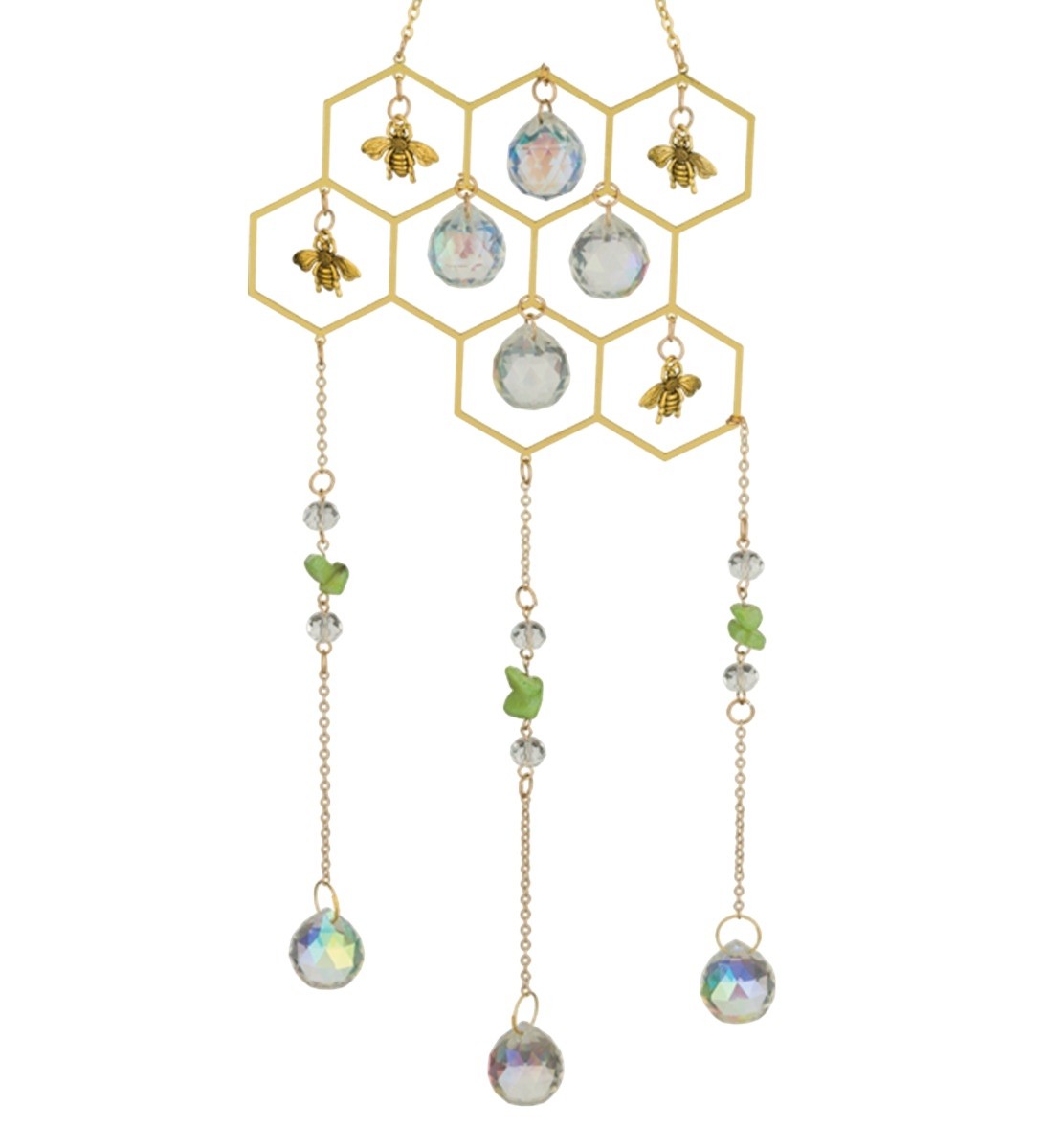 Mellow Monkey honeycomb suncatcher with gold bees, clear crystals, and green stone accents on gold chains.