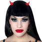 Mellow Monkey black and red resin devil horns worn by a woman with black hair for Halloween or cosplay costumes.