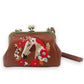 Mellow Monkey brown vinyl kisslock bag featuring an embroidered horse head framed by a vibrant floral wreath.