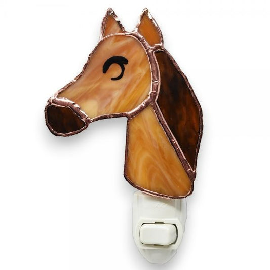 Mellow Monkey horse head stained glass nightlight with copper electroplate finish and lead soldering