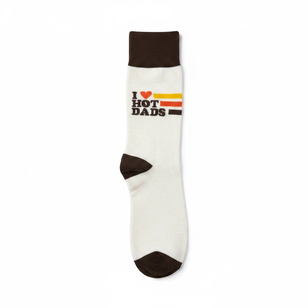 Mellow Monkey crew socks in white with I Love Hot Dads text, retro orange and brown stripes, and brown heel and toe.