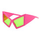 Mellow Monkey oversized hot pink cat eye sunglasses with vibrant lime green lenses and UV400 protection.