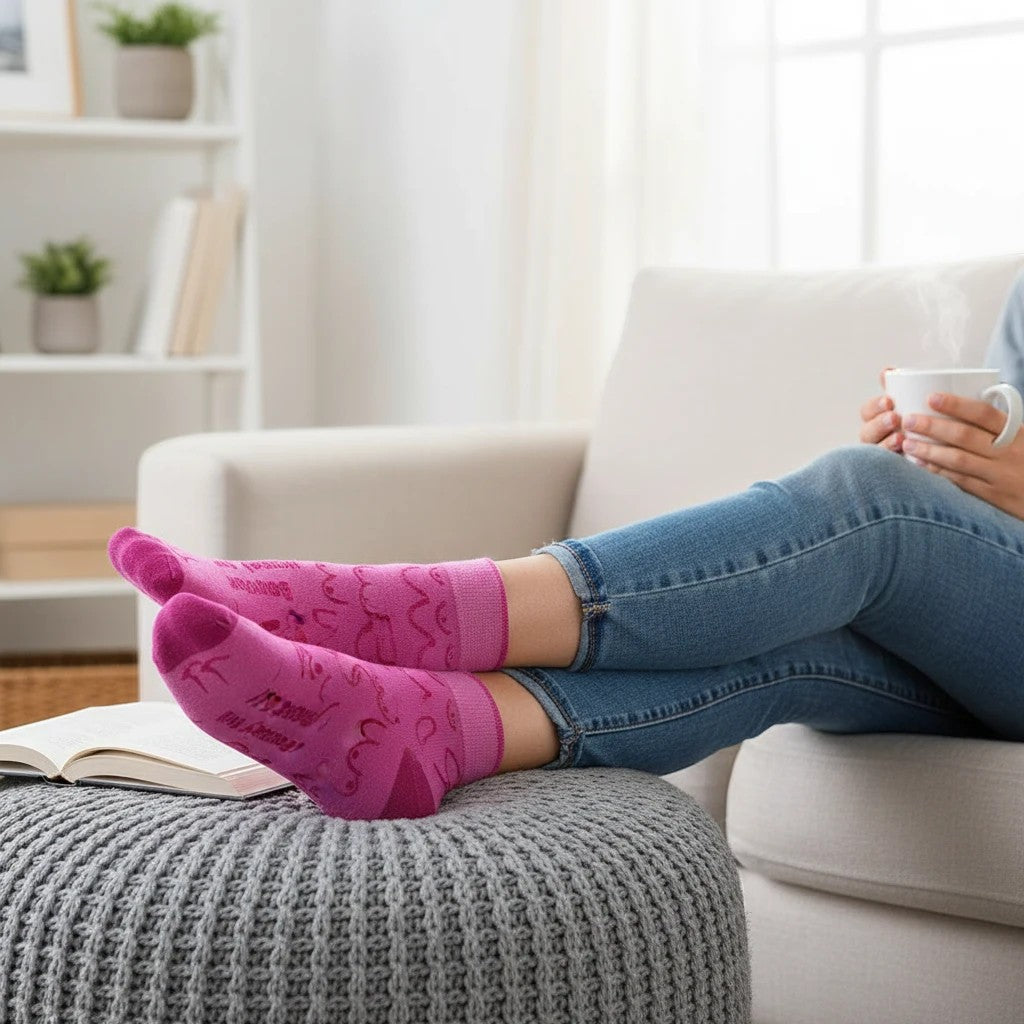 Mellow Monkey hot pink crew socks with a playful boob pattern worn by a person relaxing on a grey ottoman