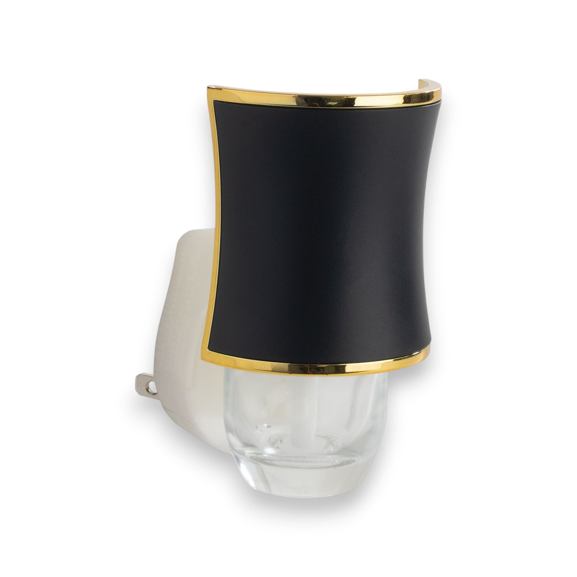 Mellow Monkey Hourglass WallScents fragrance warmer in matte black with gold trim and a clear glass oil refill base.