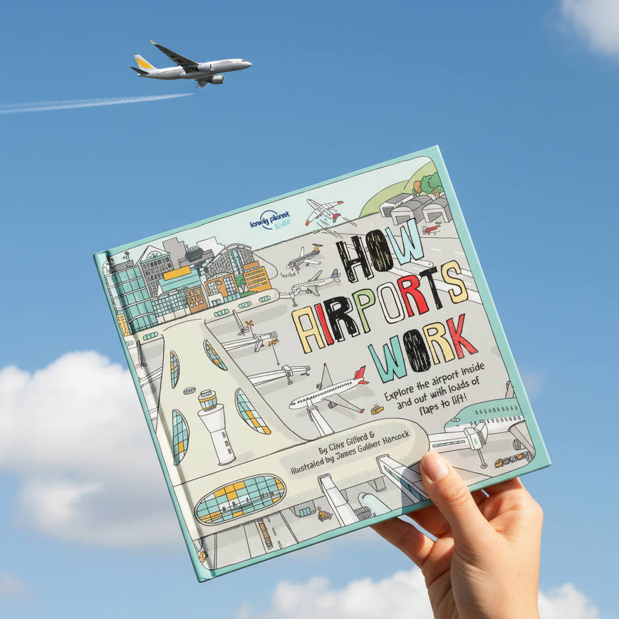 Mellow Monkey How Airports Work interactive lift-the-flap book for kids held against a blue sky with an airplane