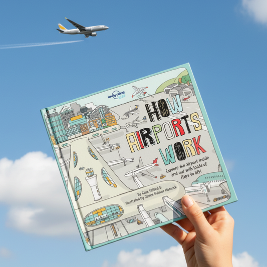 Mellow Monkey How Airports Work interactive lift-the-flap book for kids held against a blue sky with an airplane
