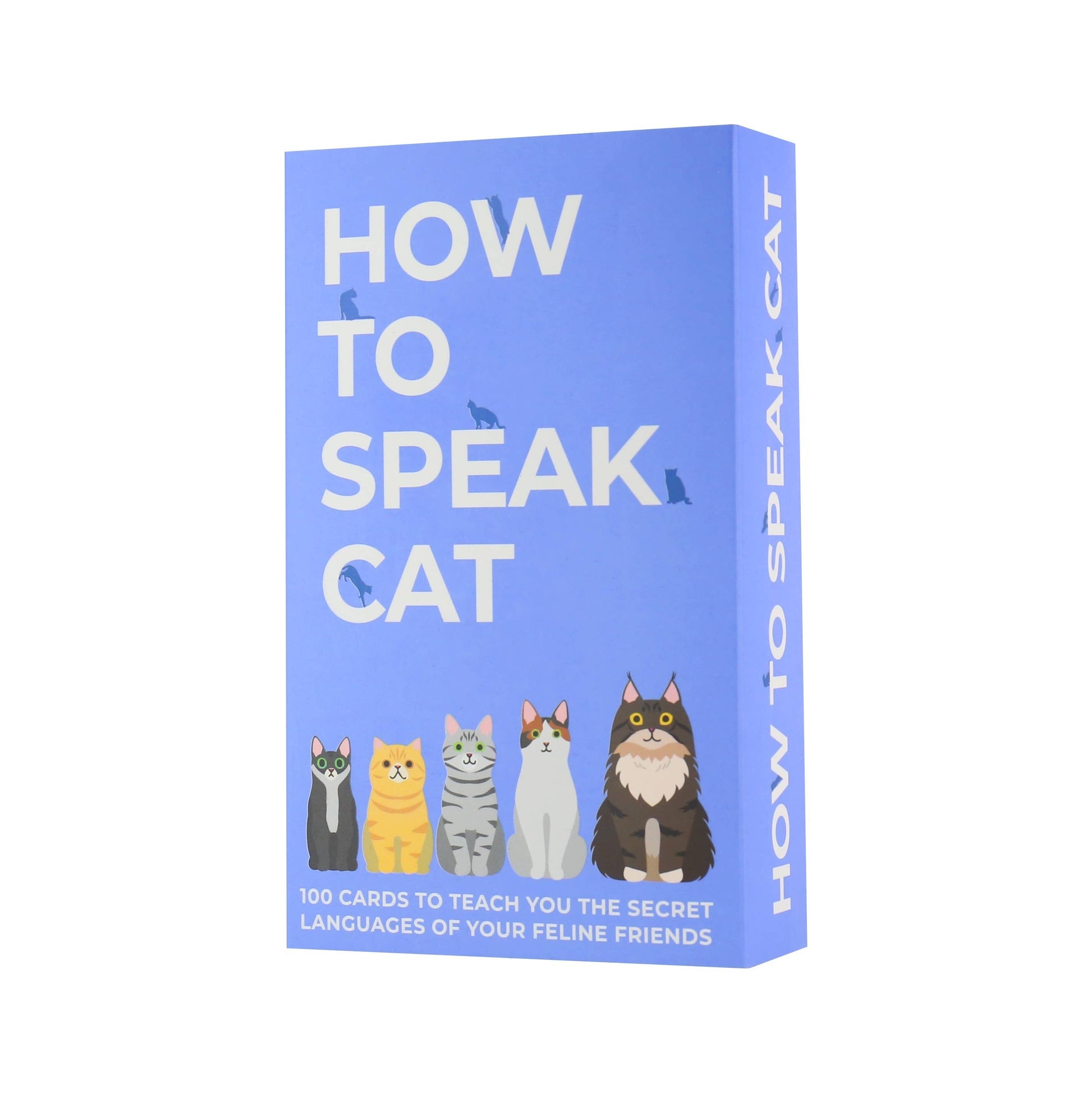 Mellow Monkey How To Speak Cat card deck in a blue box with illustrations of five different cat breeds