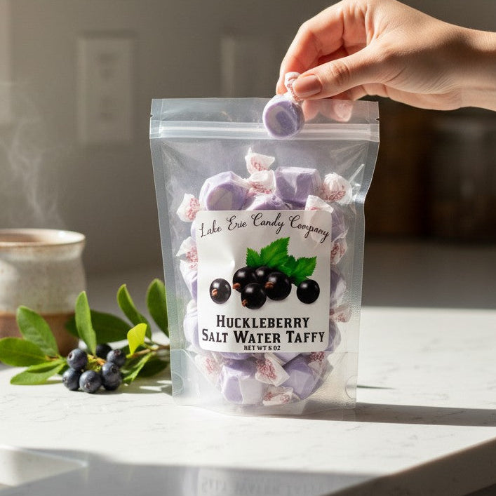 Mellow Monkey Huckleberry Salt Water Taffy, 6-oz bag of individually wrapped purple and white taffy candies with a huckleberry illustration.