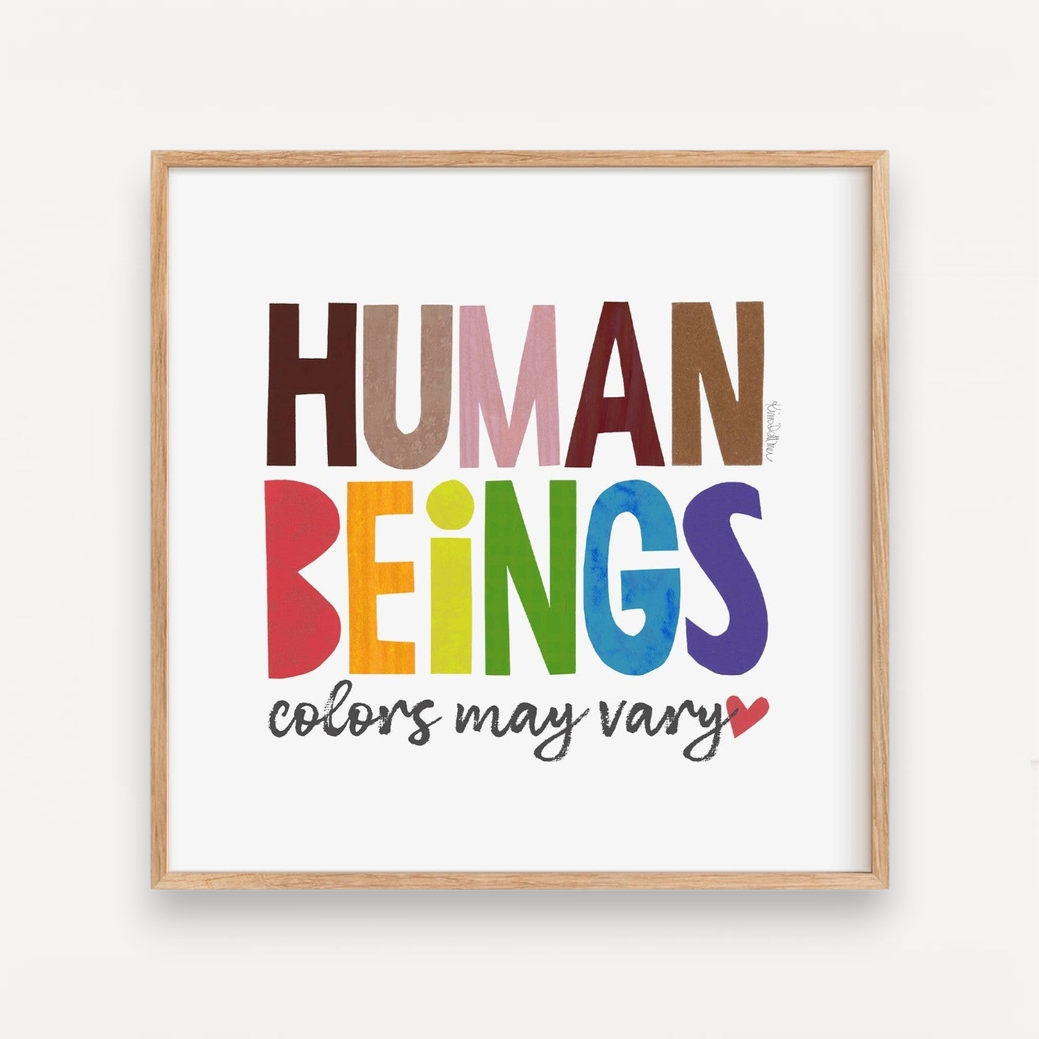 Mellow Monkey Human Beings framed art print with colorful text celebrating diversity. Wood frame, 8-3/4 x 8-3/4-in.