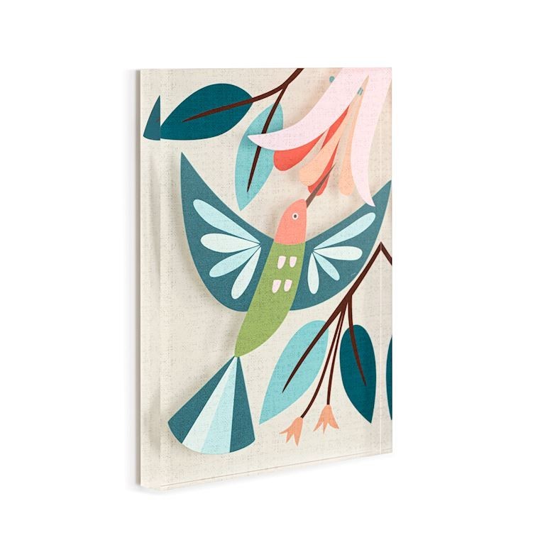 Mellow Monkey Together Tile acrylic wall art featuring a green hummingbird with pink and blue accents near pink flowers and teal leaves.