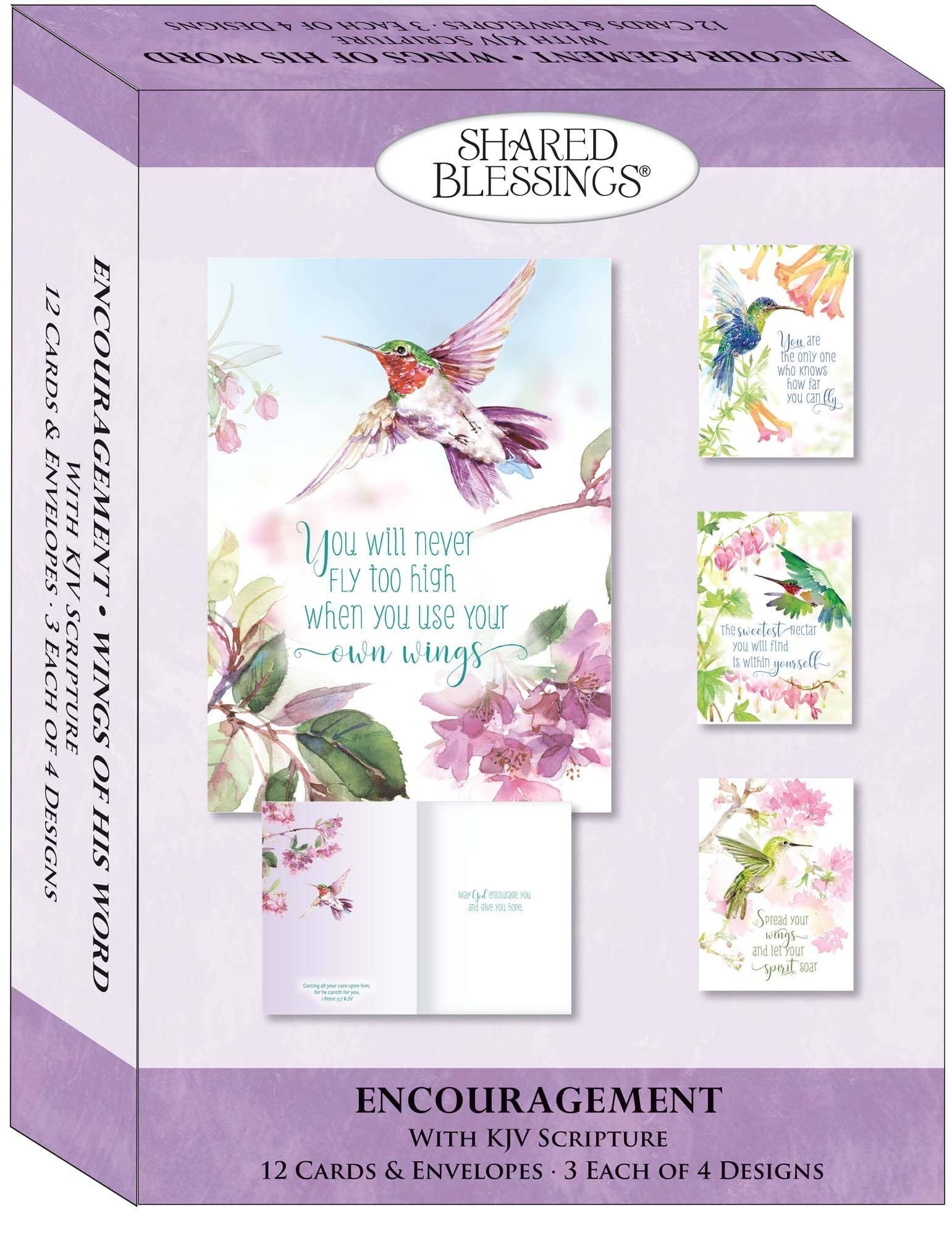 Mellow Monkey Wings of His Word boxed greeting card set featuring hummingbird illustrations and KJV scripture verses.
