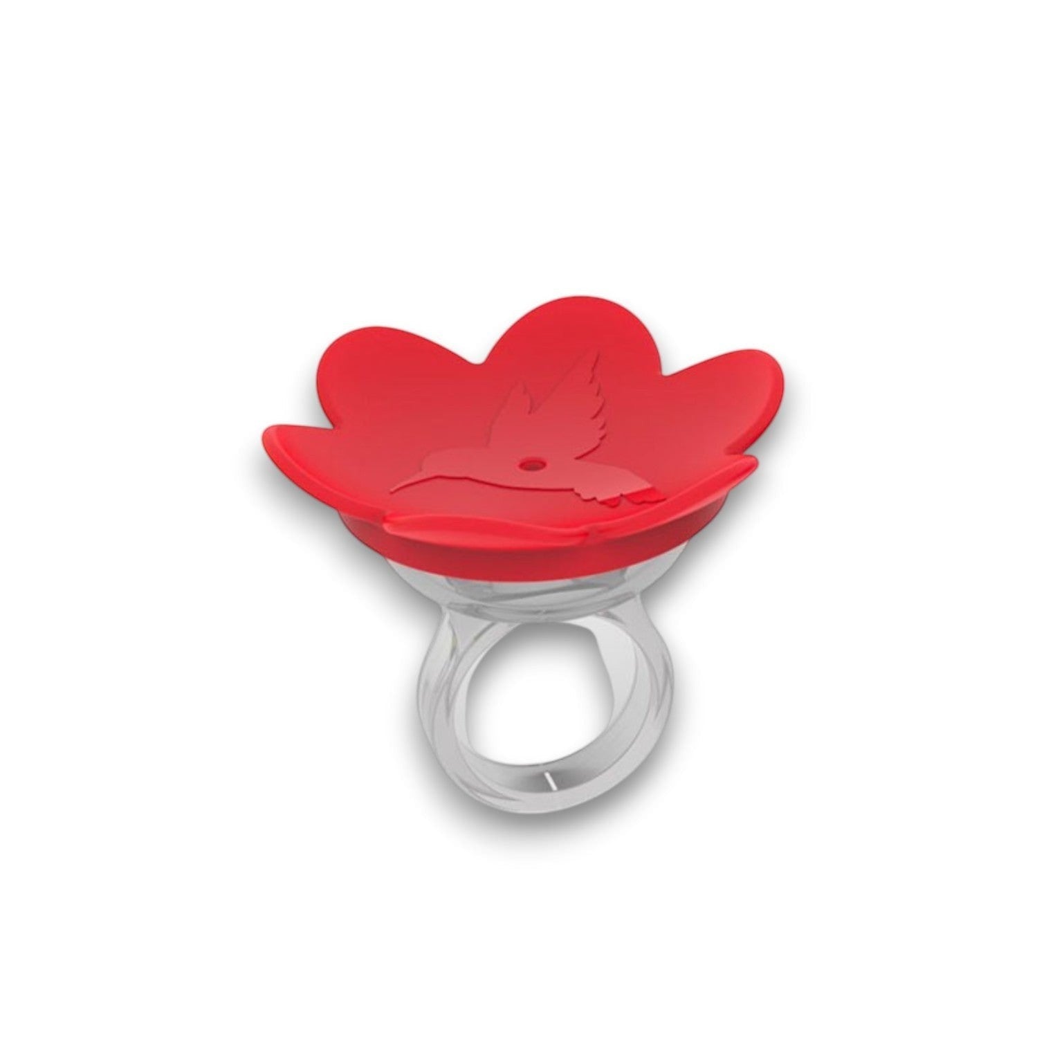Mellow Monkey Hummer Ring featuring a red flower-shaped hummingbird feeder top on a clear adjustable finger ring