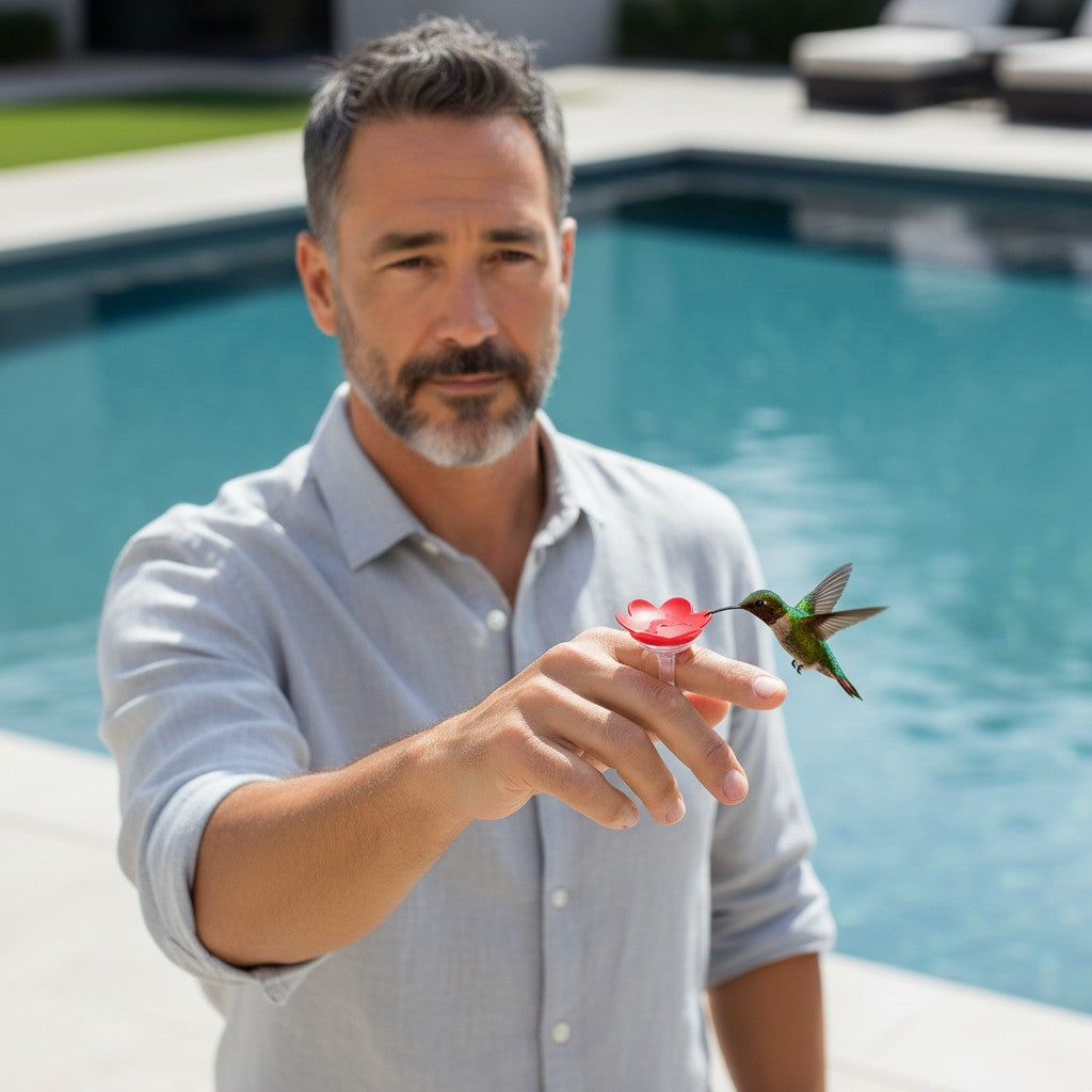 Mellow Monkey hummingbird feeder ring worn on a man's finger with a hummingbird feeding by a backyard pool