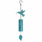 Mellow Monkey hummingbird wind bell in a teal patina finish with a steel chamber and leaf-shaped wind catcher.