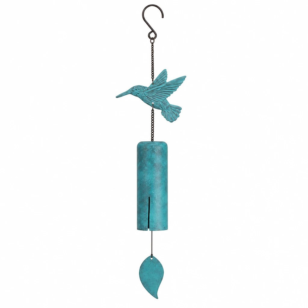 Mellow Monkey hummingbird wind bell in a teal patina finish with a steel chamber and leaf-shaped wind catcher.