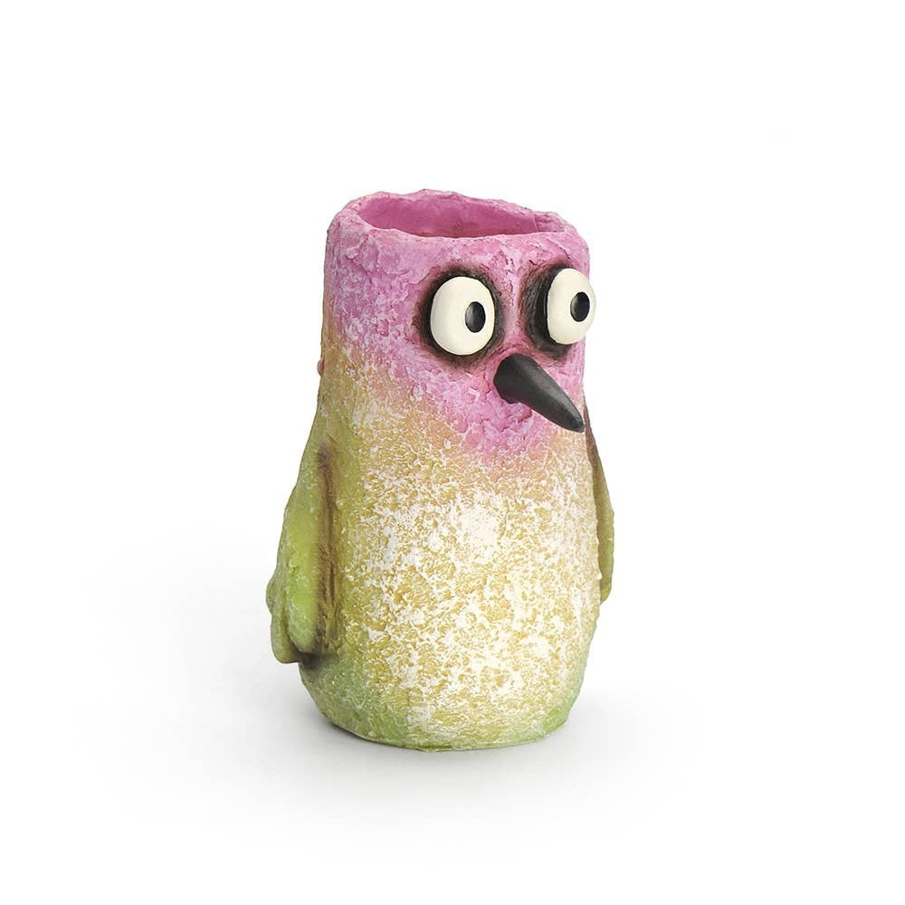 Mellow Monkey Flit Hummingbird Blobhouse Planter, pink and green poly-resin, quirky design with large eyes and beak.